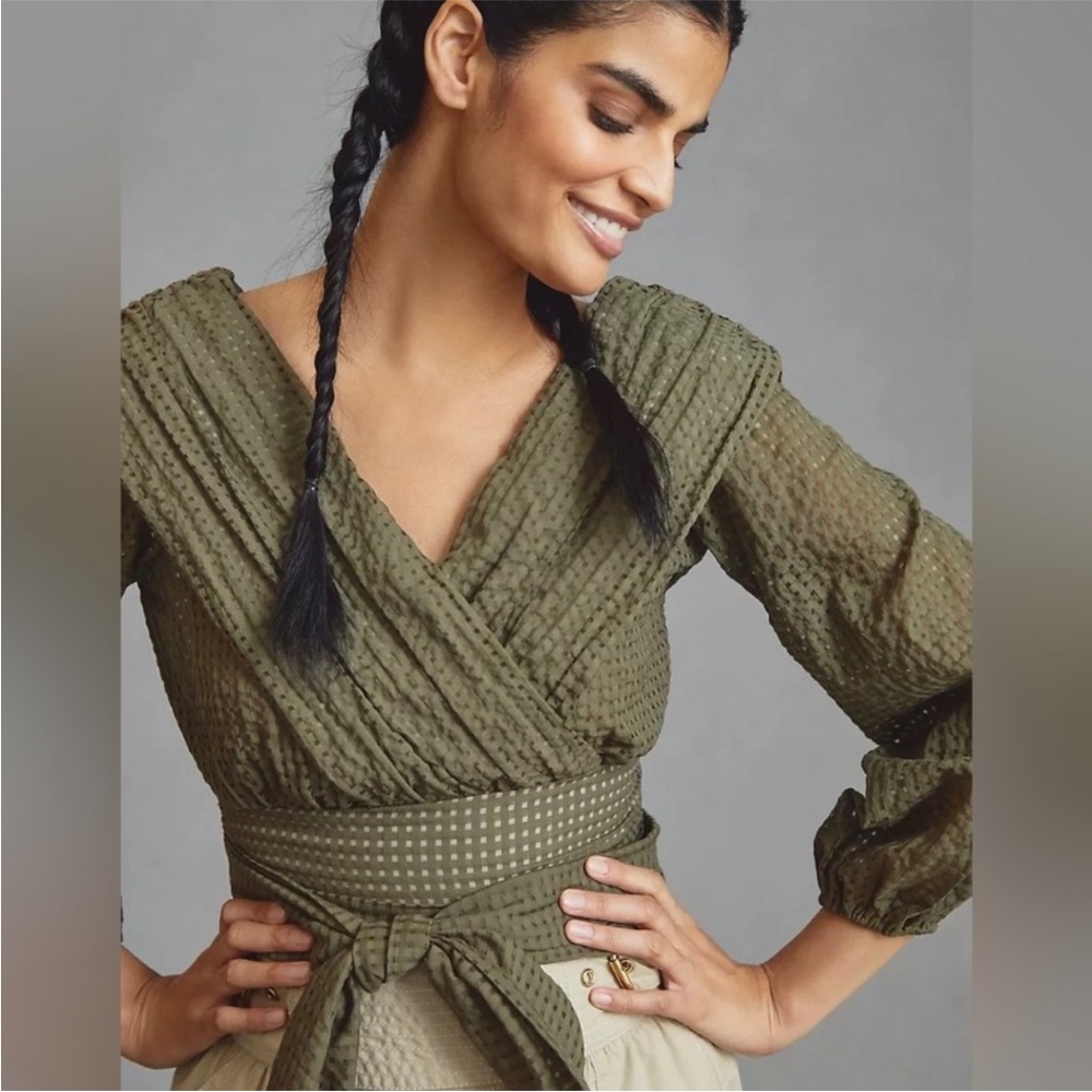 Anthropologie Olive Green Wrap Blouse